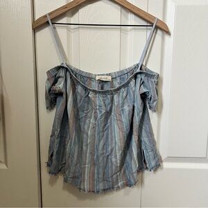 Bella Dahl Blue and Tan Striped Off-Shoulder Blouse